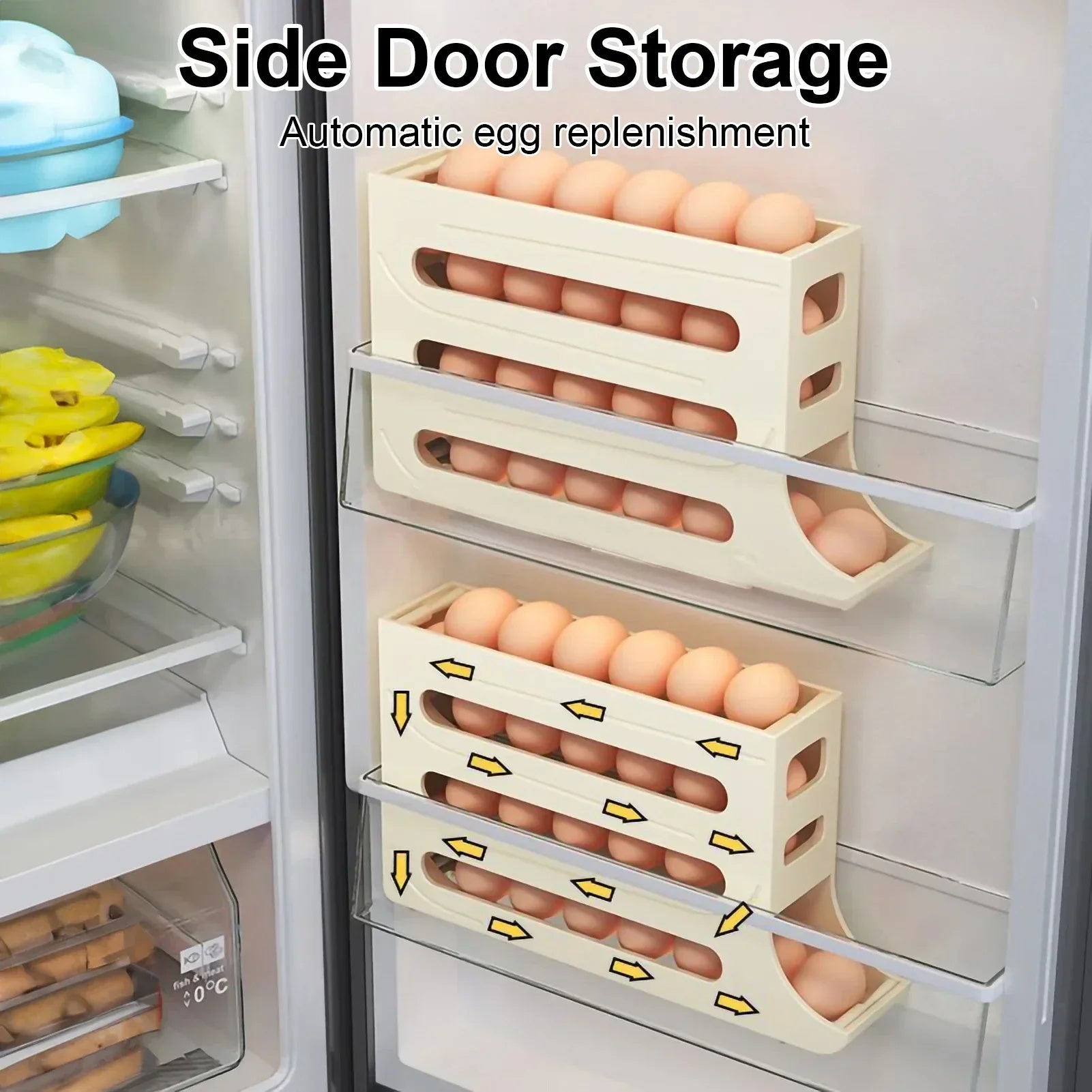 Refrigerator 4-Layer Automatic Egg Roller Sliding Egg Tray Refrigerator Side Door Large Capacity Holder Egg Storage Box Kitchen Gadgets